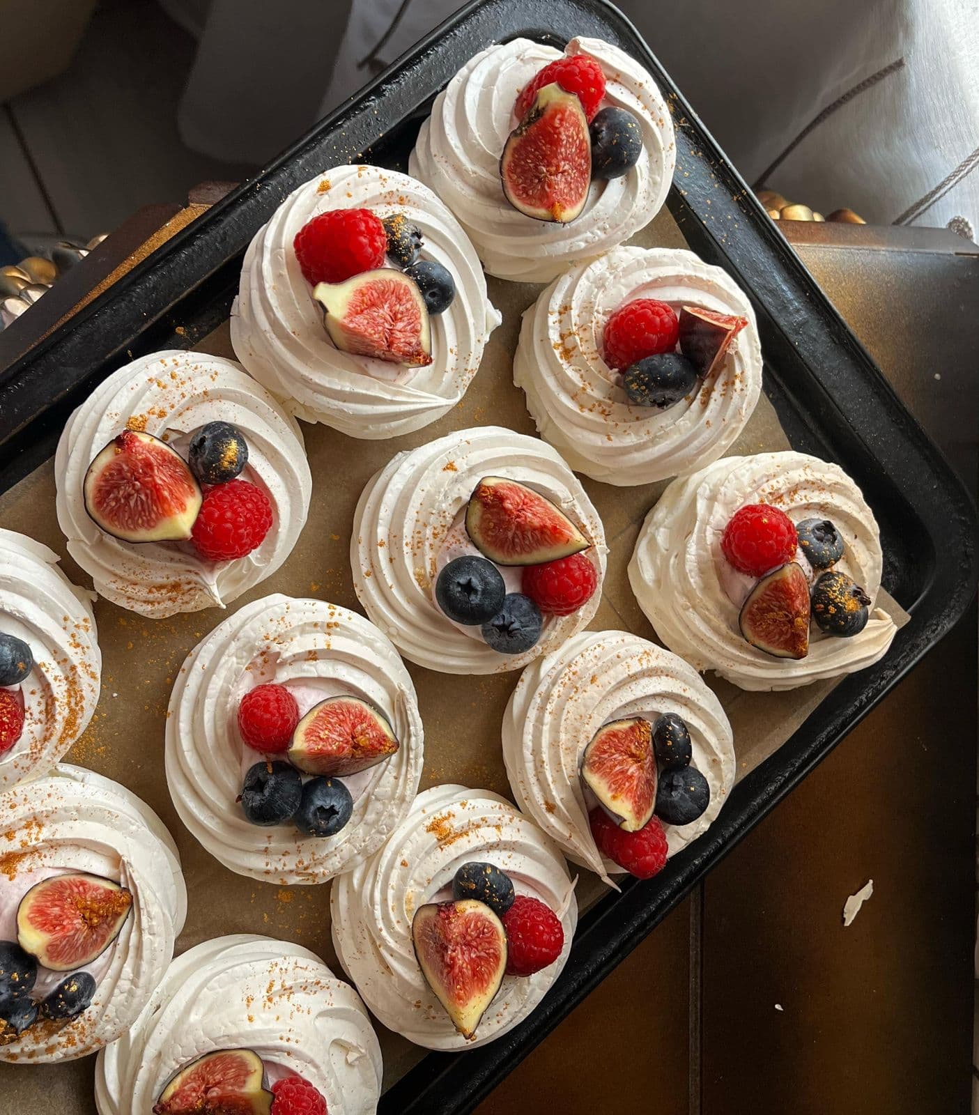 Tray of mini pavlovas prepared for an event
